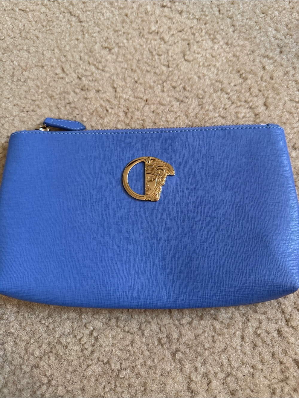Versace Collection - Blue Leather Zip Pouch with Gold Medallion